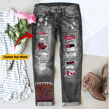 Arizona Cardinals STRETCH RIPPED FRAYED RAW HEM DISTRESSED DENIM JEANS WITH HOLE