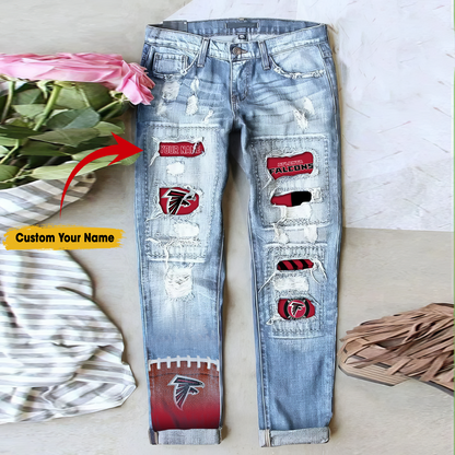 Atlanta Falcons STRETCH RIPPED FRAYED RAW HEM DISTRESSED DENIM JEANS WITH HOLE