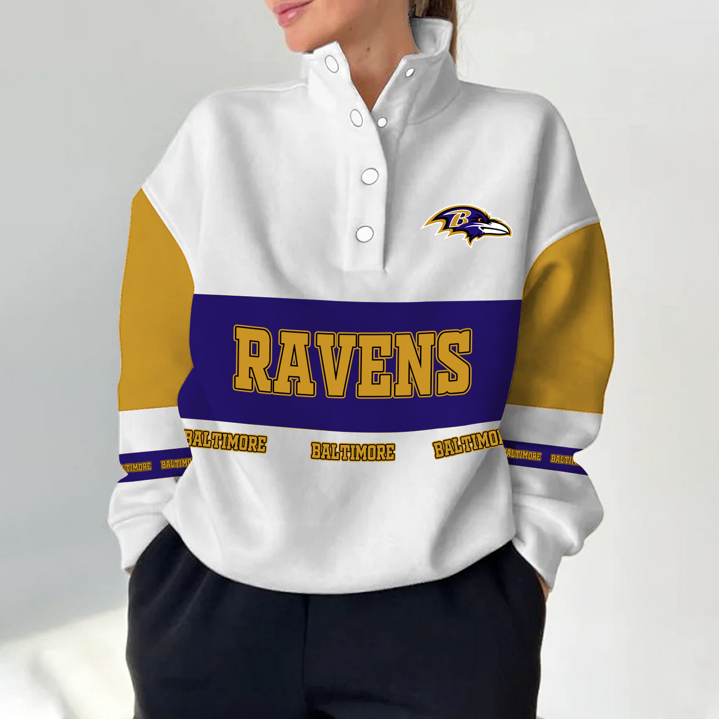 BAL x NFL Women's Retro Casual Snap Mockneck Pullover DATND TANTD