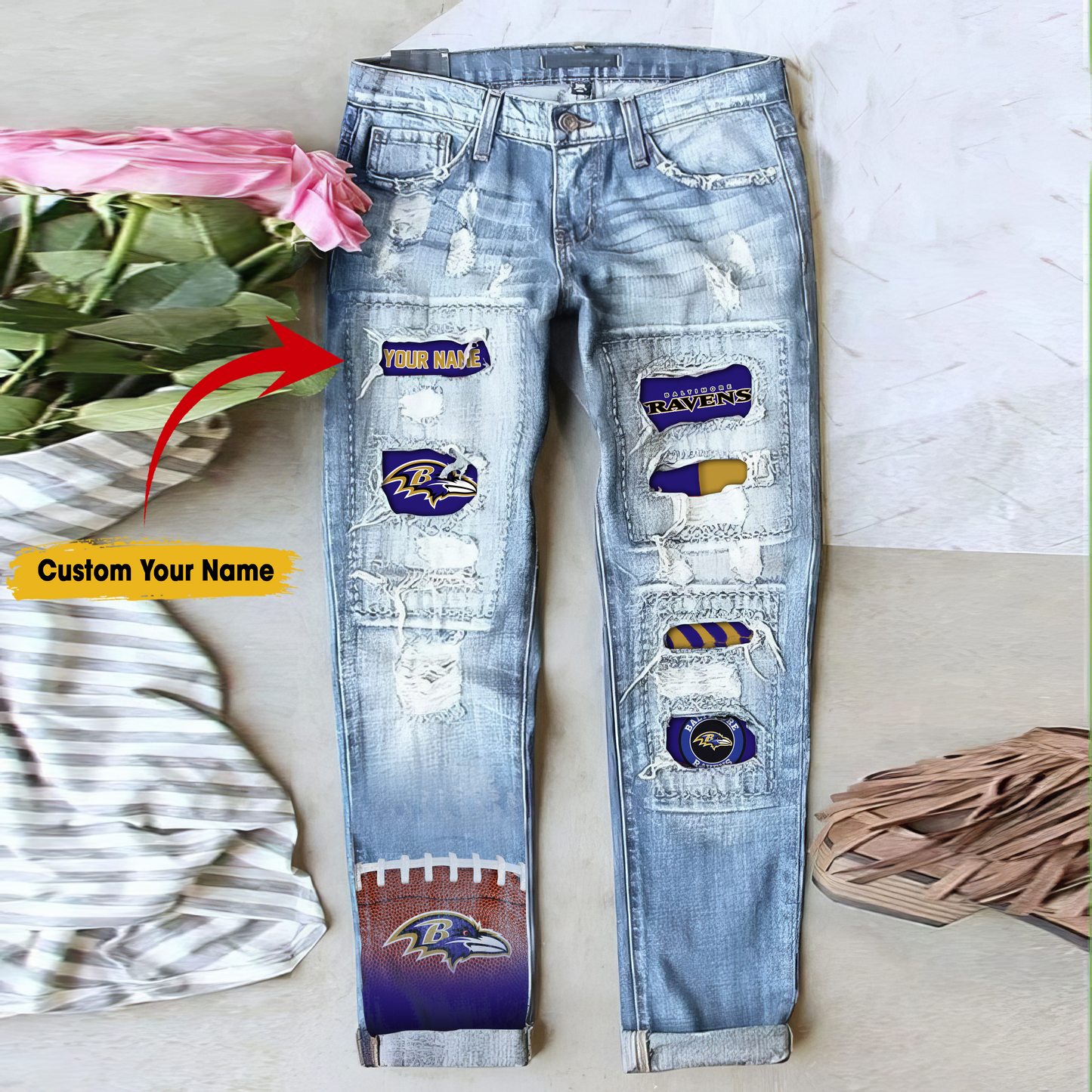 Baltimore Ravens STRETCH RIPPED FRAYED RAW HEM DISTRESSED DENIM JEANS WITH HOLE