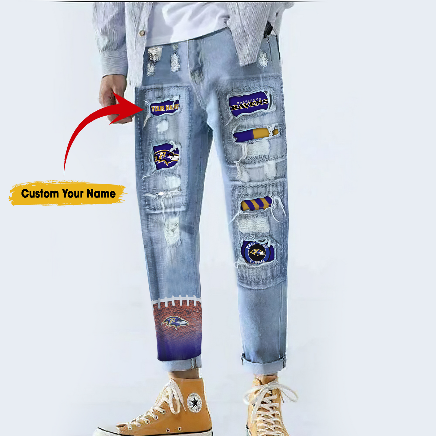 Baltimore Ravens STRETCH RIPPED FRAYED RAW HEM DISTRESSED DENIM JEANS WITH HOLE