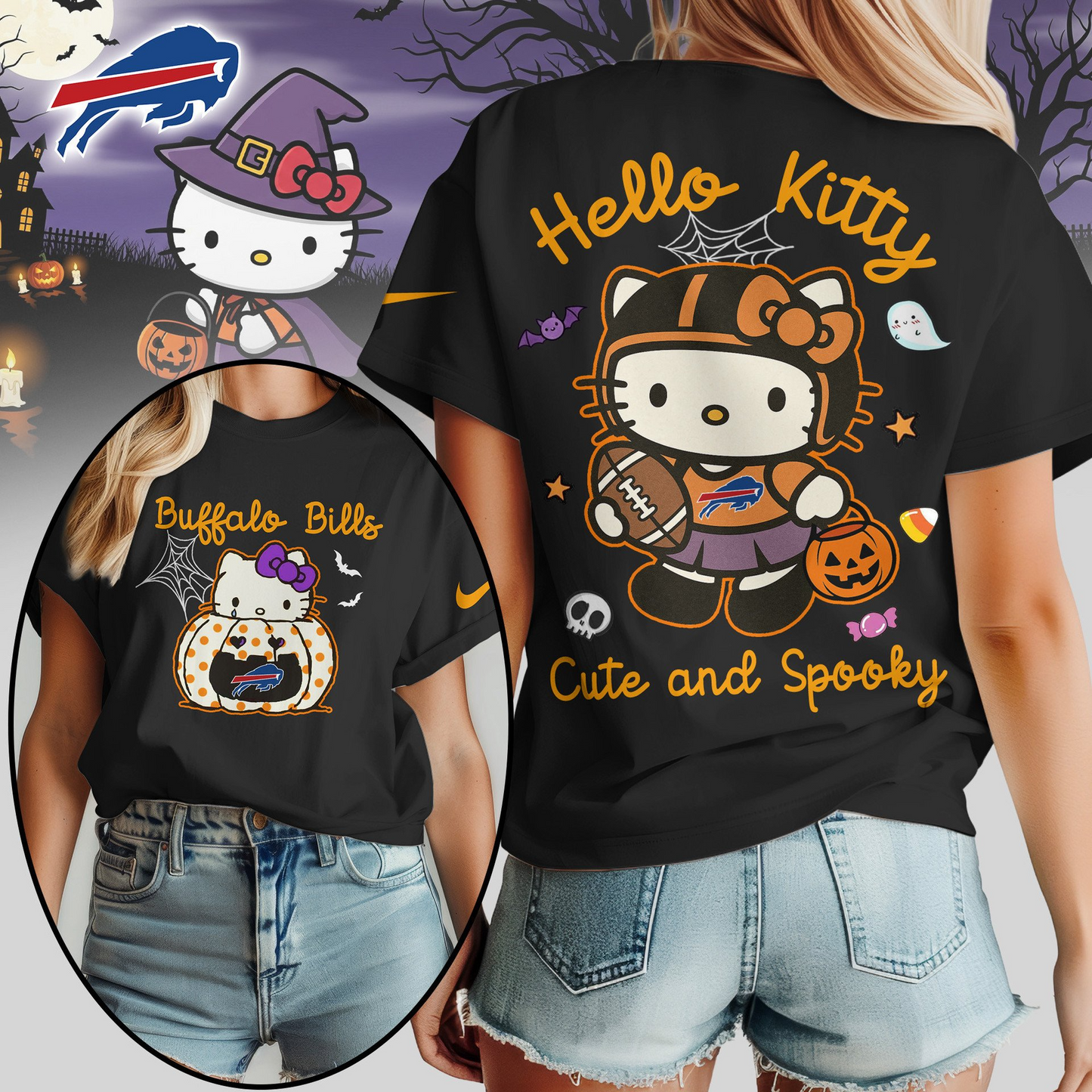 BB Premium NFL Hello Kitty Cute & Spooky Halloween Women Shirt DDT CTND