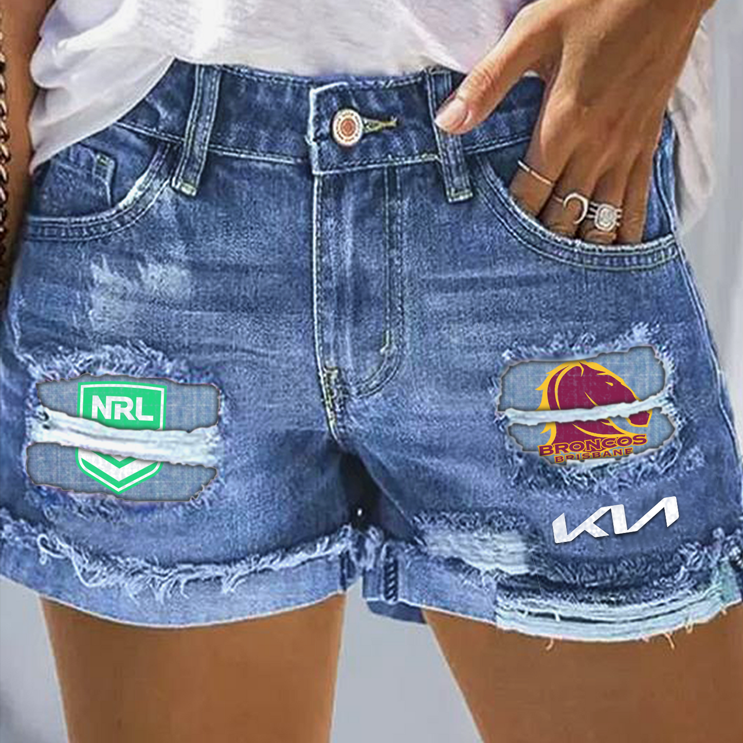 Brisbane Broncos NRL 2025 Print Fashion Denim Shorts TM V1
