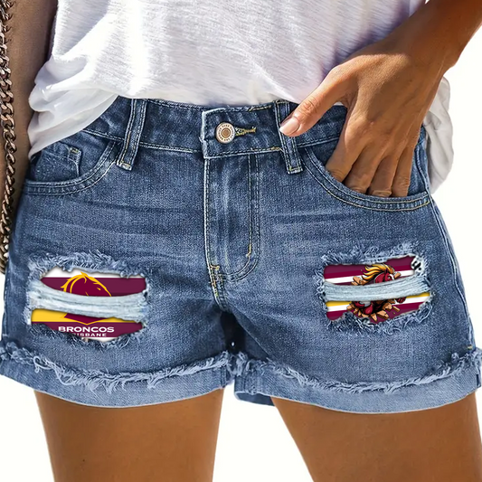 Brisbane Broncos NRL 2025 Rip Print Fashion Denim Shorts TM NTA V10