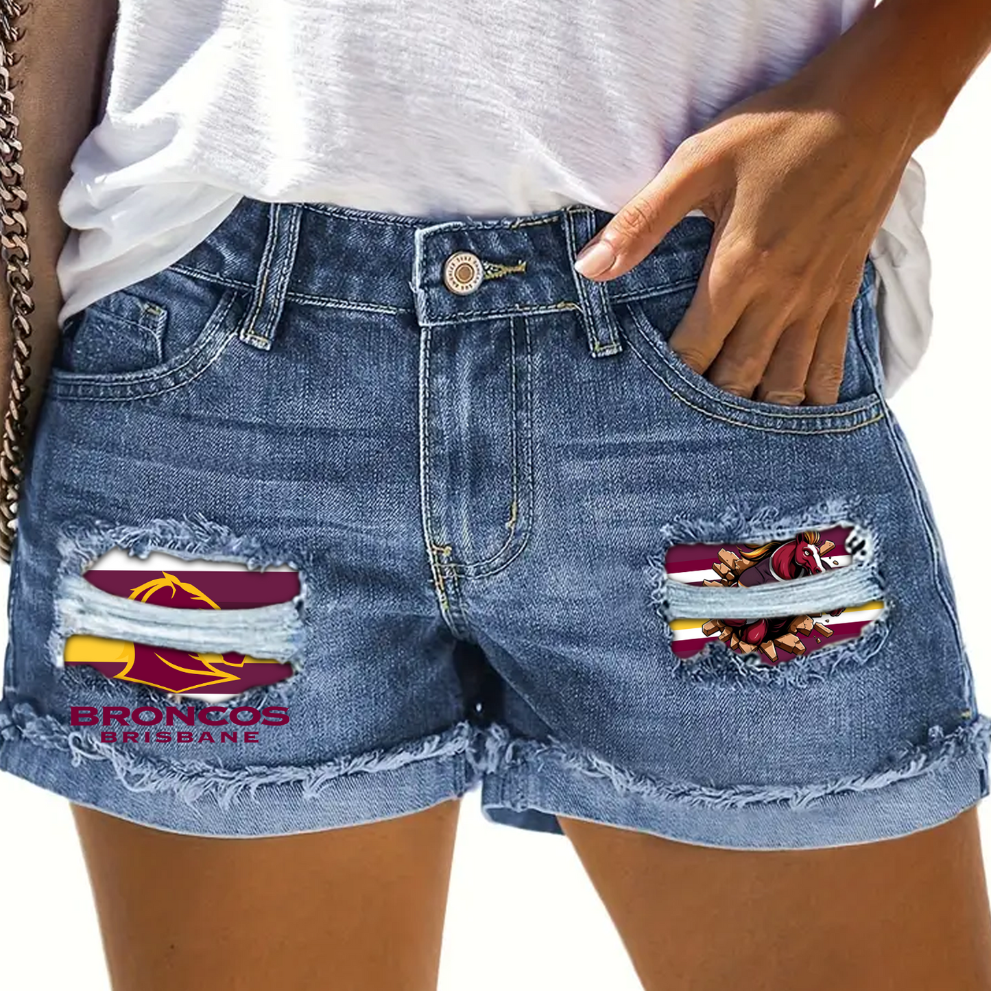 Brisbane Broncos NRL 2025 Rip Print Fashion Denim Shorts TM NTA V6