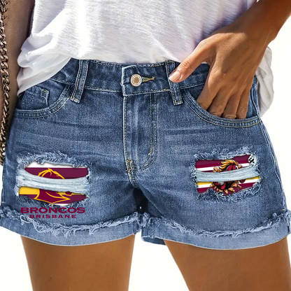 Brisbane Broncos NRL 2025 Rip Print Fashion Denim Shorts TM NTA V7