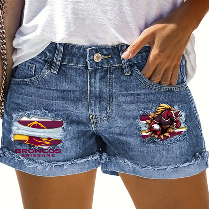 Brisbane Broncos NRL 2025 Rip Print Fashion Denim Shorts TM NTA V8