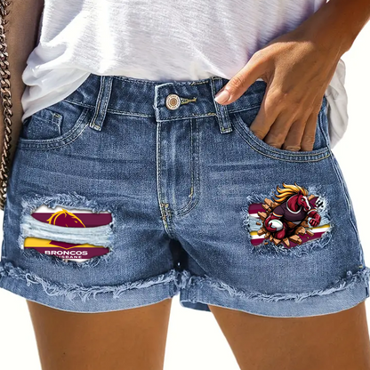 Brisbane Broncos NRL 2025 Rip Print Fashion Denim Shorts TM NTA V9