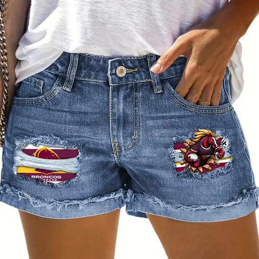 Brisbane Broncos NRL 2025 Rip Print Fashion Denim Shorts TM NTA V9