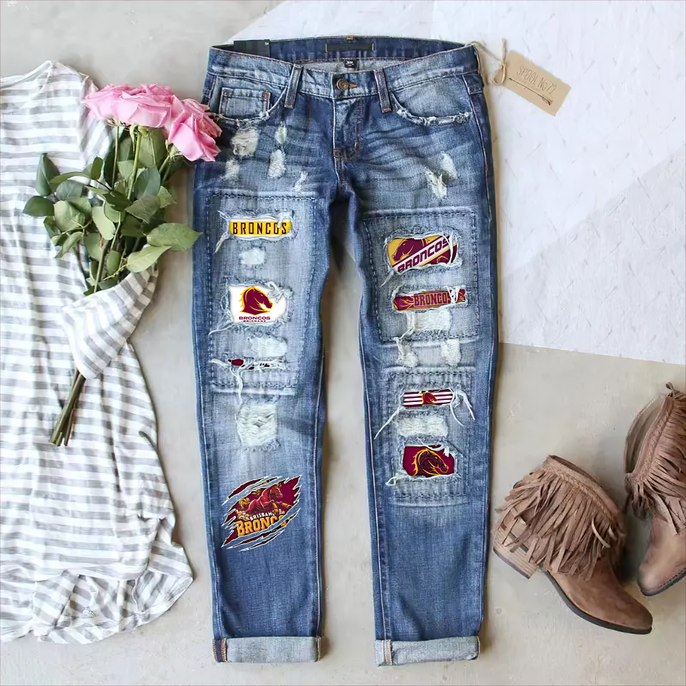 Brisbane Broncos NRL 2025 Stretch Ripped Frayed Raw Hem Distressed Denim Jeans With Hole TM NTA V1