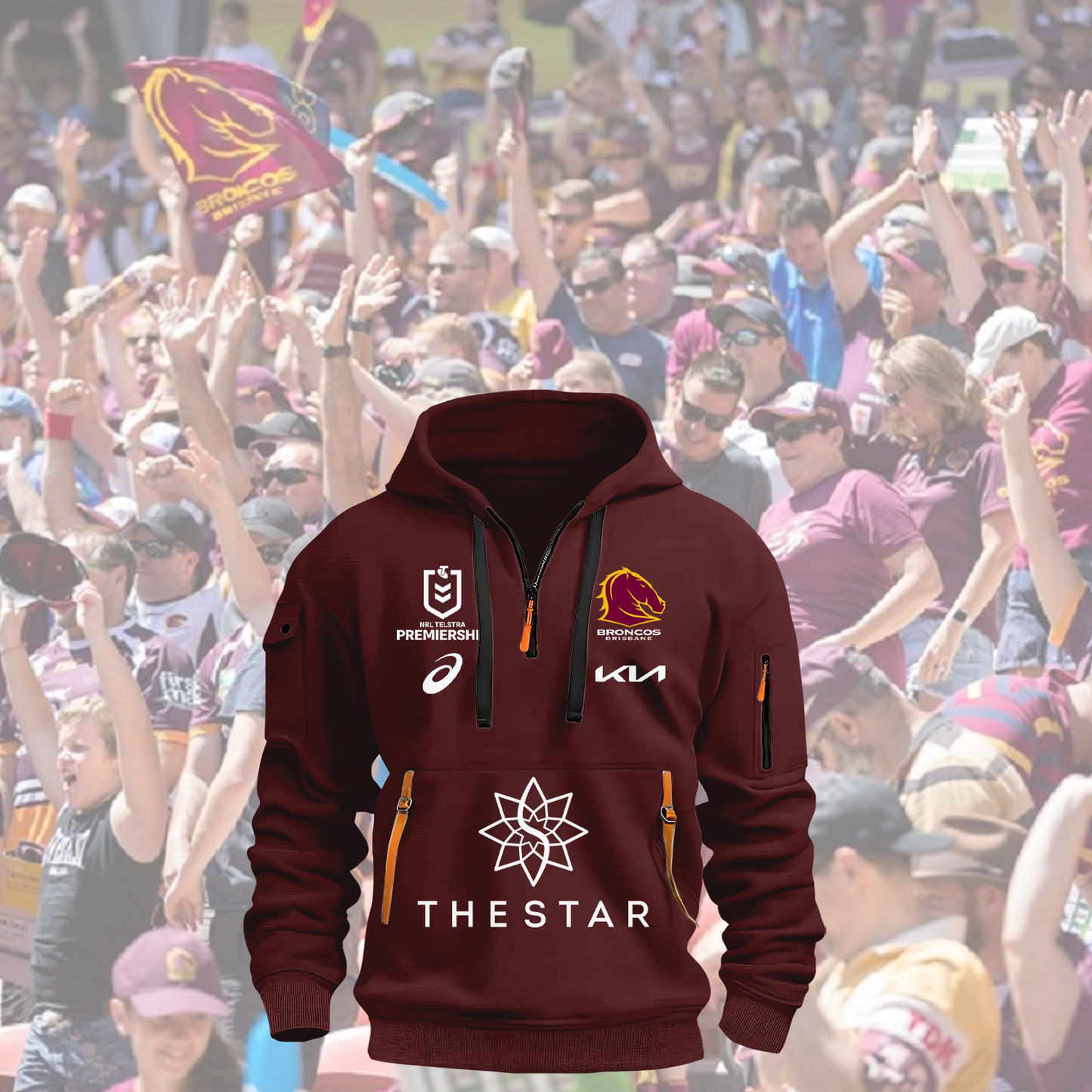 Brisbane Broncos NRL 2025 Zipper Hoodie TM NTA V2