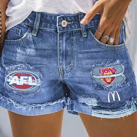 Brisbane Lions AFL 2025 Print Fashion Denim Shorts TM V1