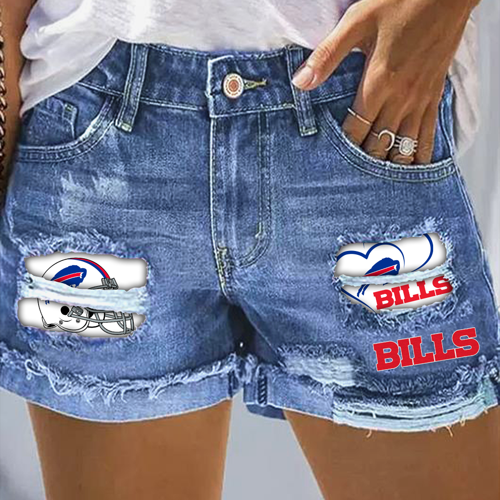 Buffalo Bills Rip Print Fashion Denim Shorts