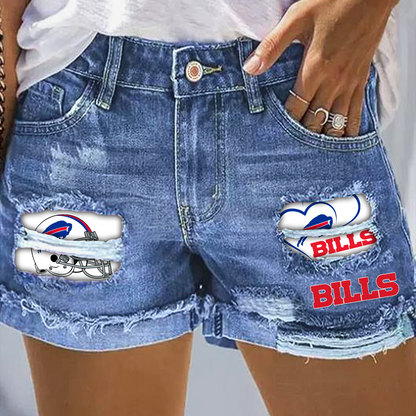 Buffalo Bills Rip Print Fashion Denim Shorts