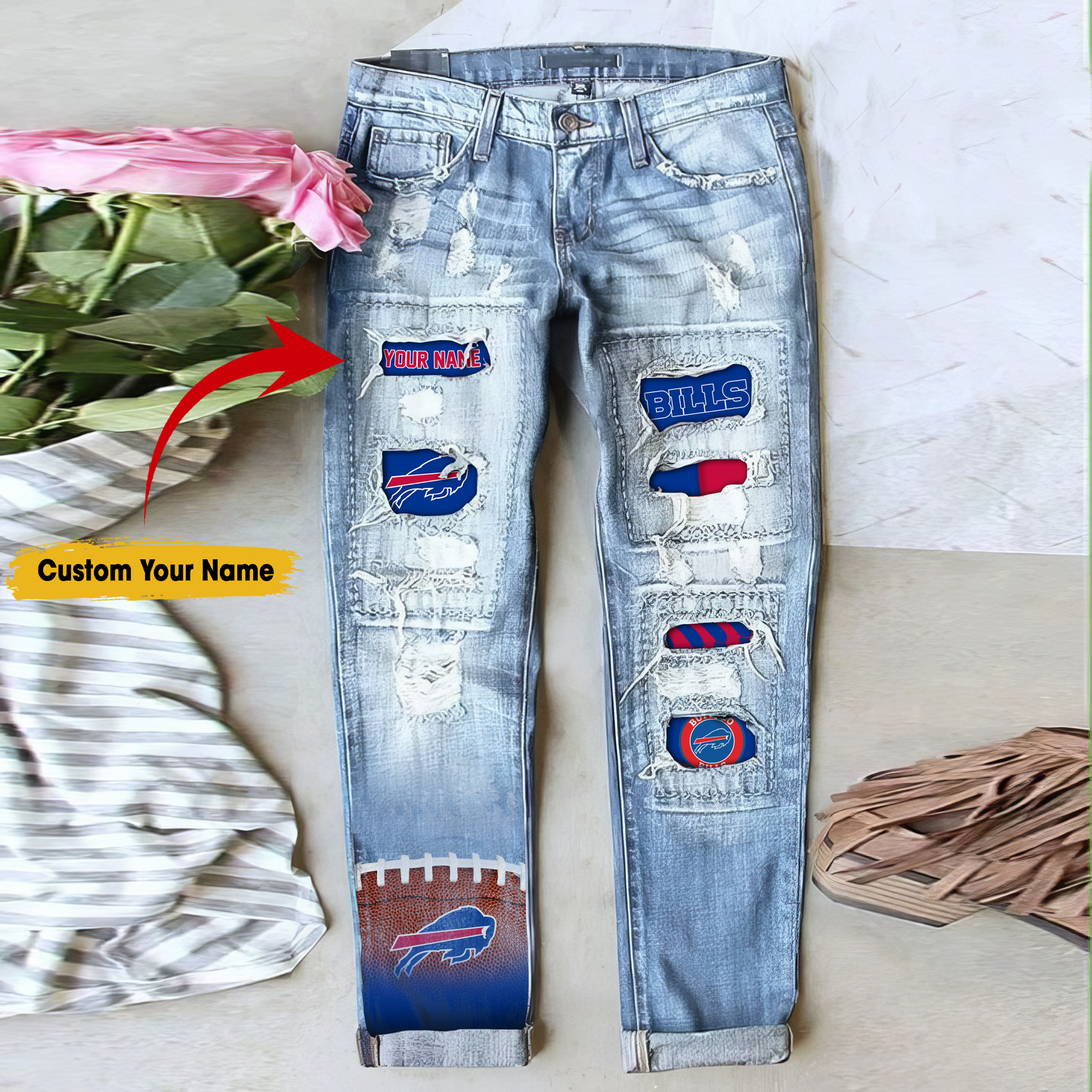 Buffalo Bills STRETCH RIPPED FRAYED RAW HEM DISTRESSED DENIM JEANS WITH HOLE