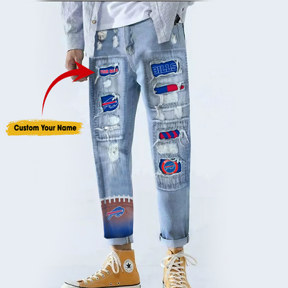 Buffalo Bills STRETCH RIPPED FRAYED RAW HEM DISTRESSED DENIM JEANS WITH HOLE