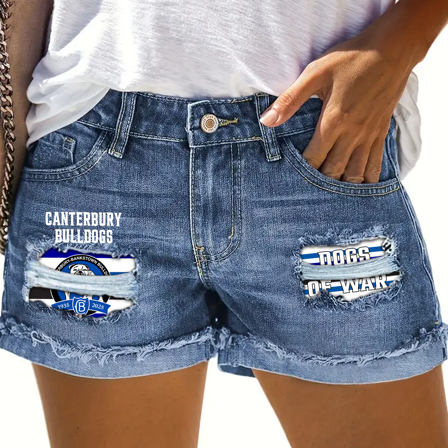 Canterbury-Bankstown Bulldogs NRL 2025 Rip Print Fashion Denim Shorts TM NTA V4