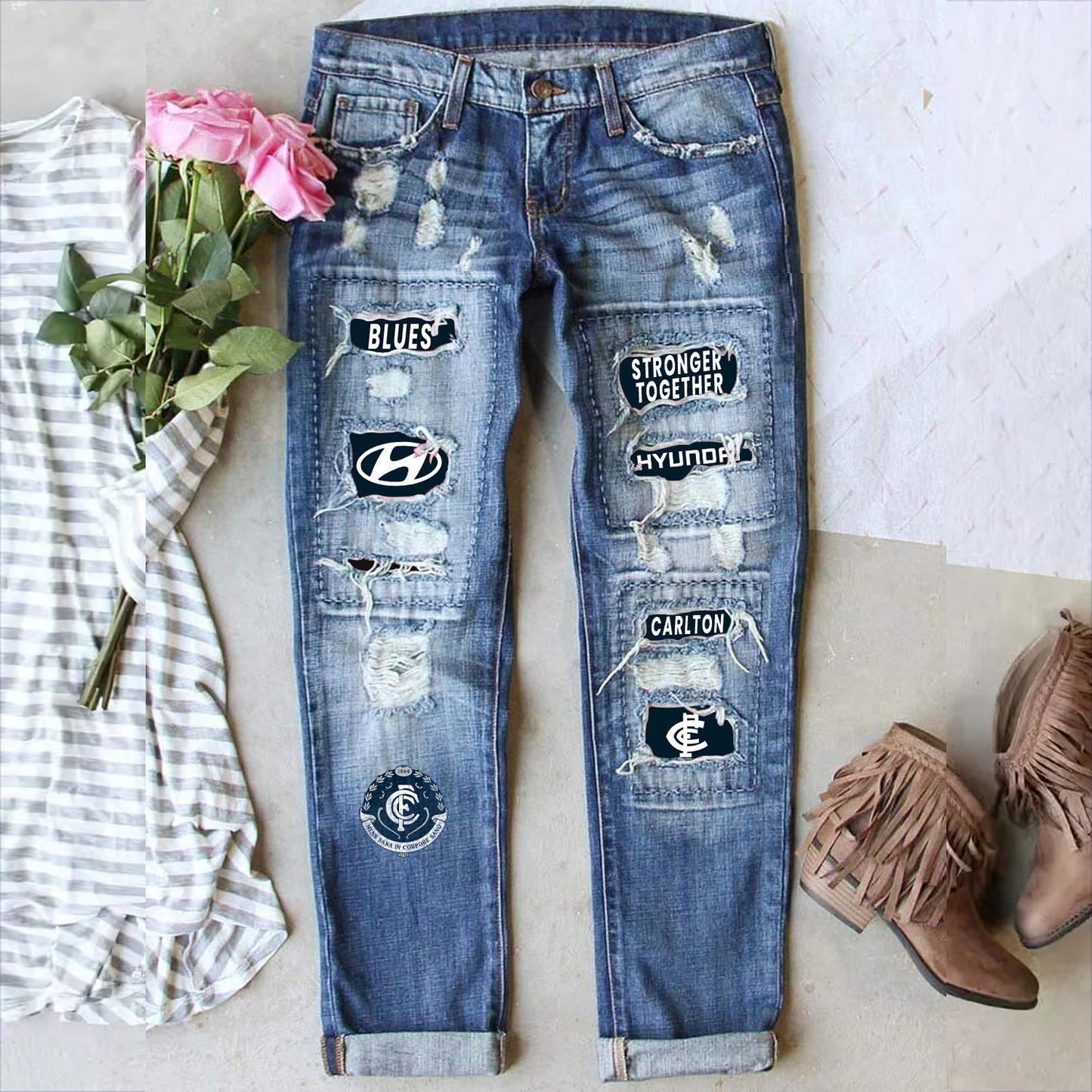 Carlton Blues AFL 2025 Stretch Ripped Frayed Raw Hem Distressed Denim Jeans With Hole TM NTA V1