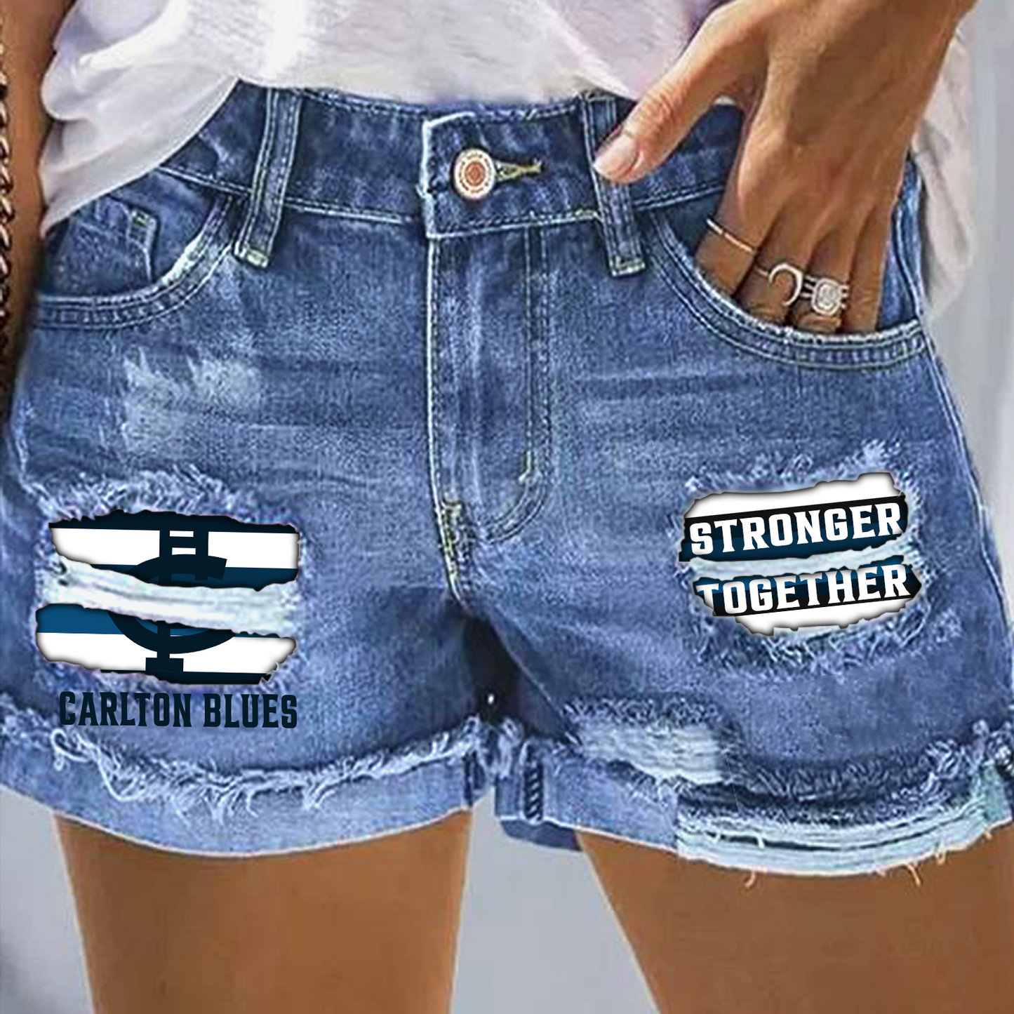 Carlton Football Club AFL 2025 Rip Print Fashion Denim Shorts TM NTA V1