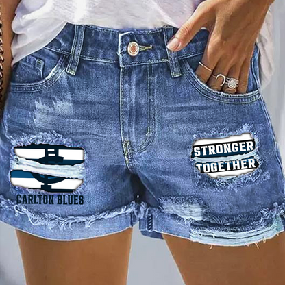 Carlton Football Club AFL 2025 Rip Print Fashion Denim Shorts TM NTA V1
