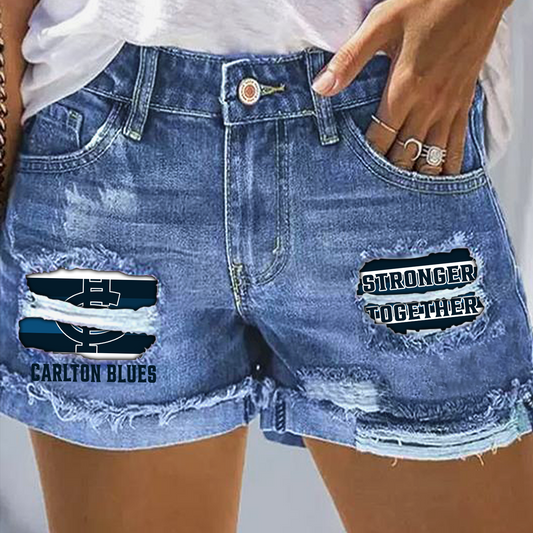 Carlton Football Club AFL 2025 Rip Print Fashion Denim Shorts TM NTA V2