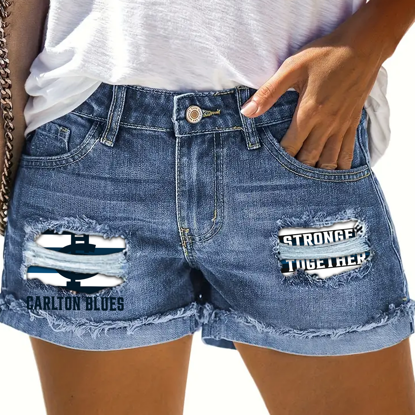 Carlton Football Club AFL 2025 Rip Print Fashion Denim Shorts TM NTA V3