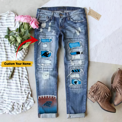 Carolina Panthers STRETCH RIPPED FRAYED RAW HEM DISTRESSED DENIM JEANS WITH HOLE