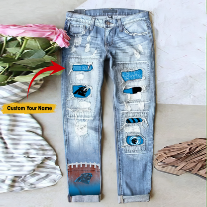 Carolina Panthers STRETCH RIPPED FRAYED RAW HEM DISTRESSED DENIM JEANS WITH HOLE