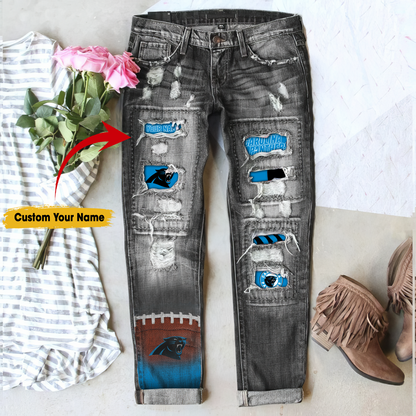 Carolina Panthers STRETCH RIPPED FRAYED RAW HEM DISTRESSED DENIM JEANS WITH HOLE