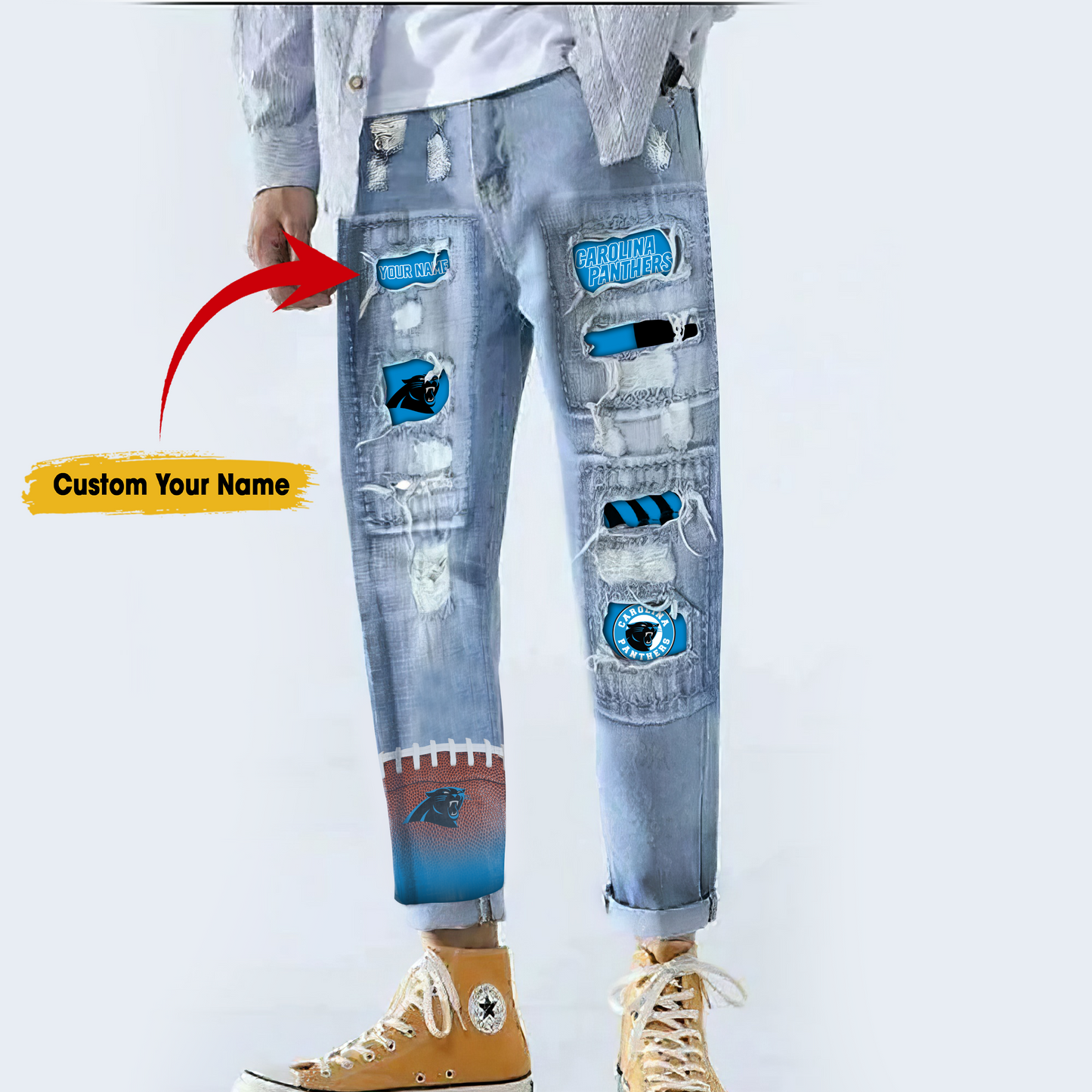 Carolina Panthers STRETCH RIPPED FRAYED RAW HEM DISTRESSED DENIM JEANS WITH HOLE