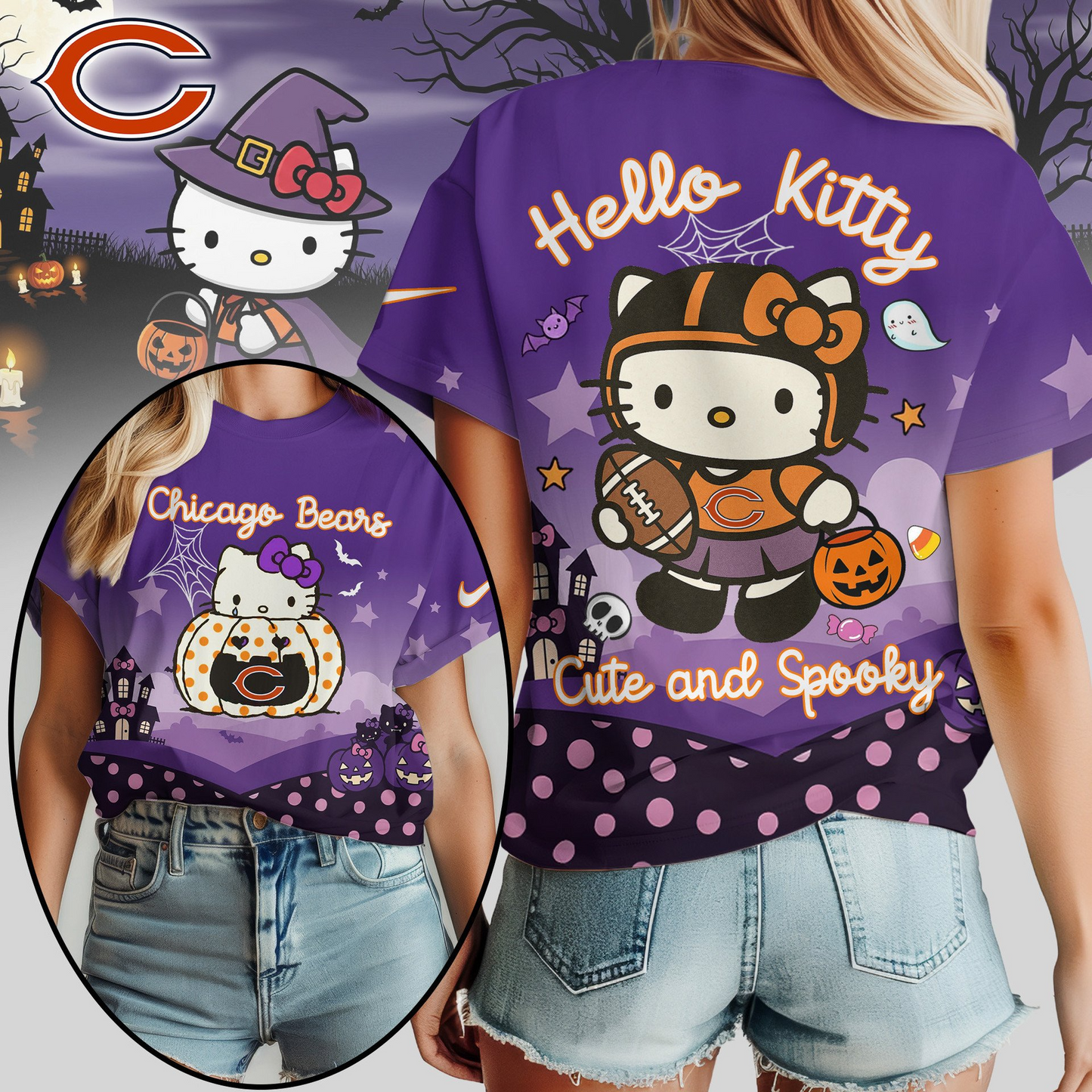 CHI Premium NFL Hello Kitty Cute & Spooky Halloween Women Shirt DDT CTND