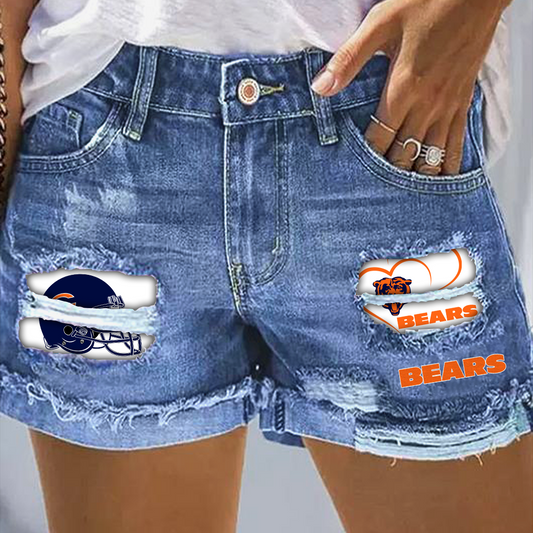 Chicago Bears Rip Print Fashion Denim Shorts