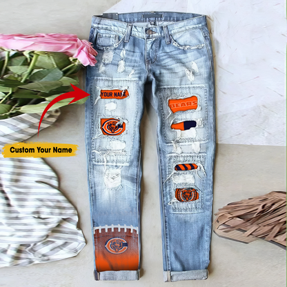 Chicago Bears STRETCH RIPPED FRAYED RAW HEM DISTRESSED DENIM JEANS WITH HOLE