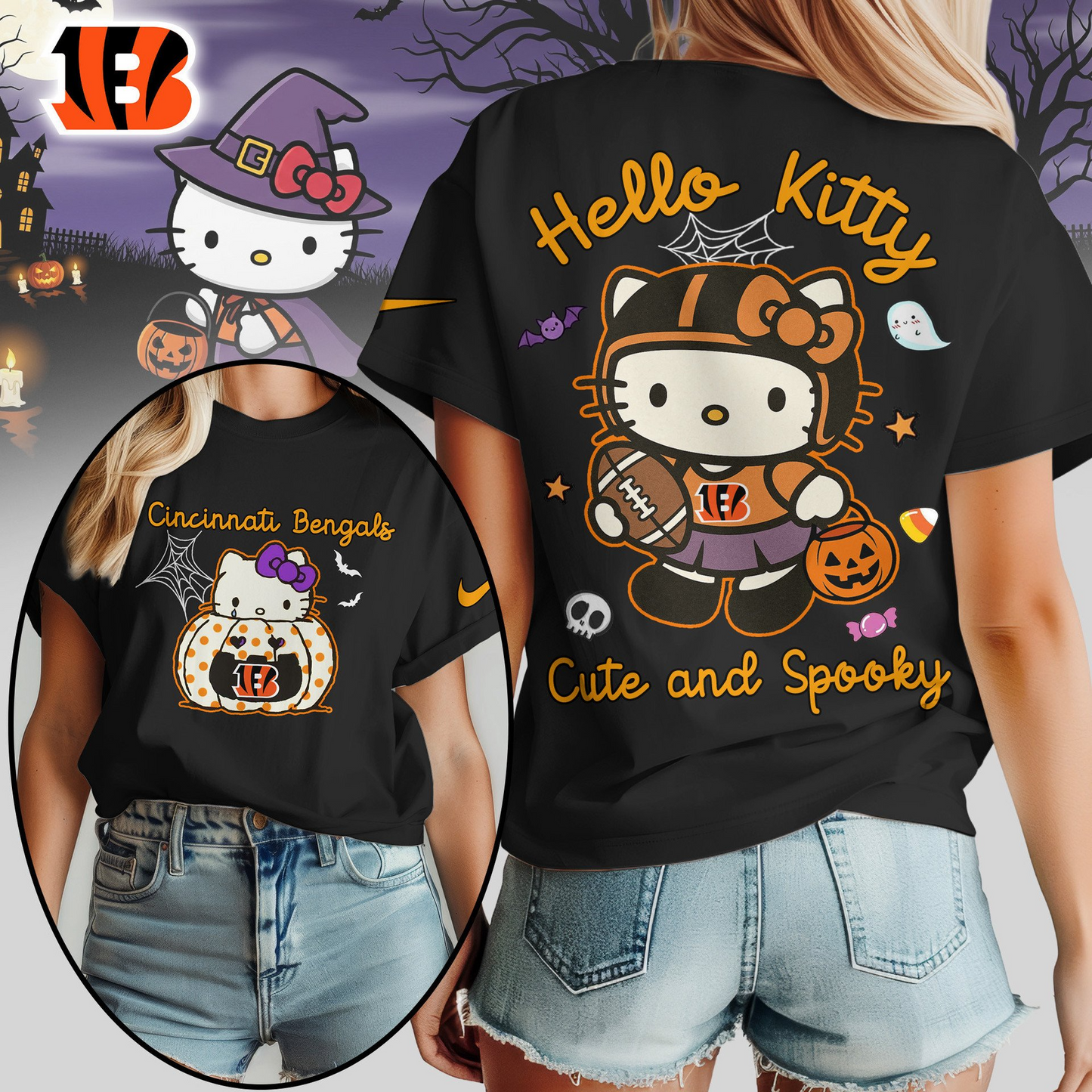 CIN Premium NFL Hello Kitty Cute & Spooky Halloween Women Shirt DDT CTND
