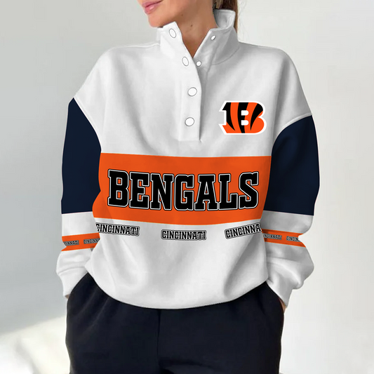 CIN x NFL Women's Retro Casual Snap Mockneck Pullover DATND TANTD