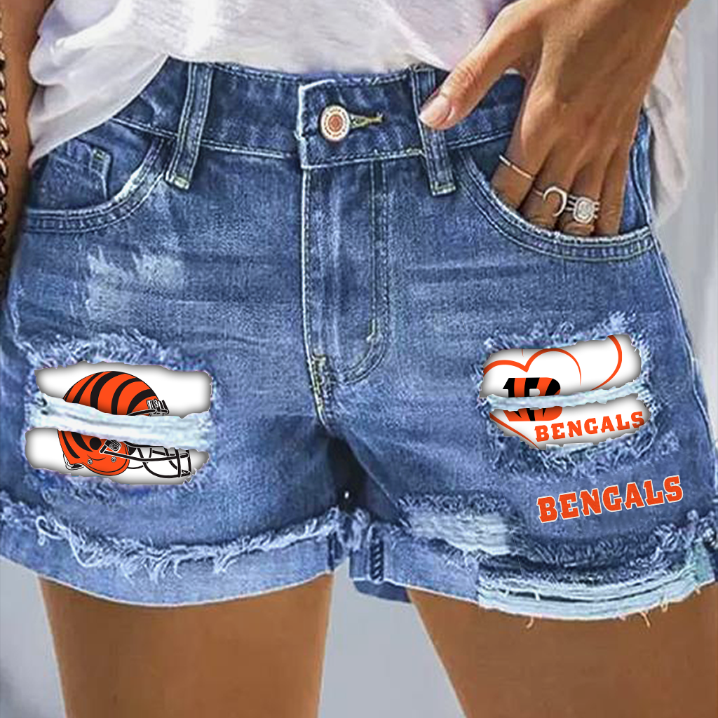 Cincinnati Bengals Rip Print Fashion Denim Shorts