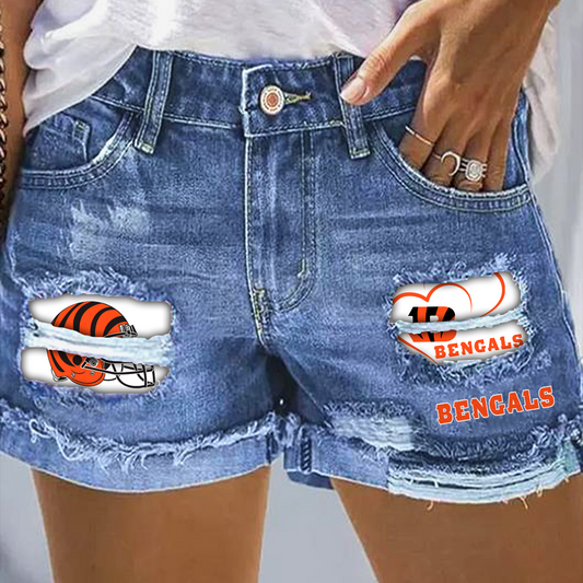 Cincinnati Bengals Rip Print Fashion Denim Shorts