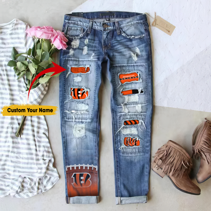 Cincinnati Bengals STRETCH RIPPED FRAYED RAW HEM DISTRESSED DENIM JEANS WITH HOLE