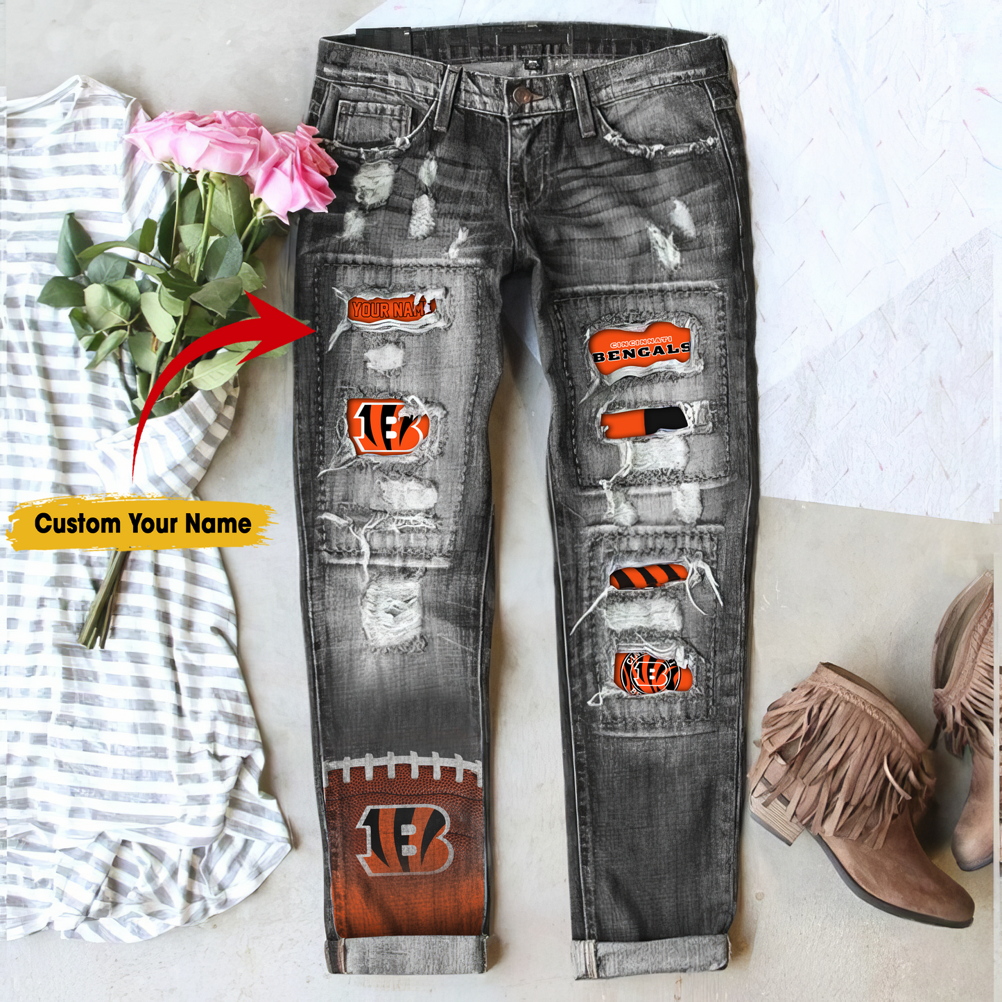 Cincinnati Bengals STRETCH RIPPED FRAYED RAW HEM DISTRESSED DENIM JEANS WITH HOLE
