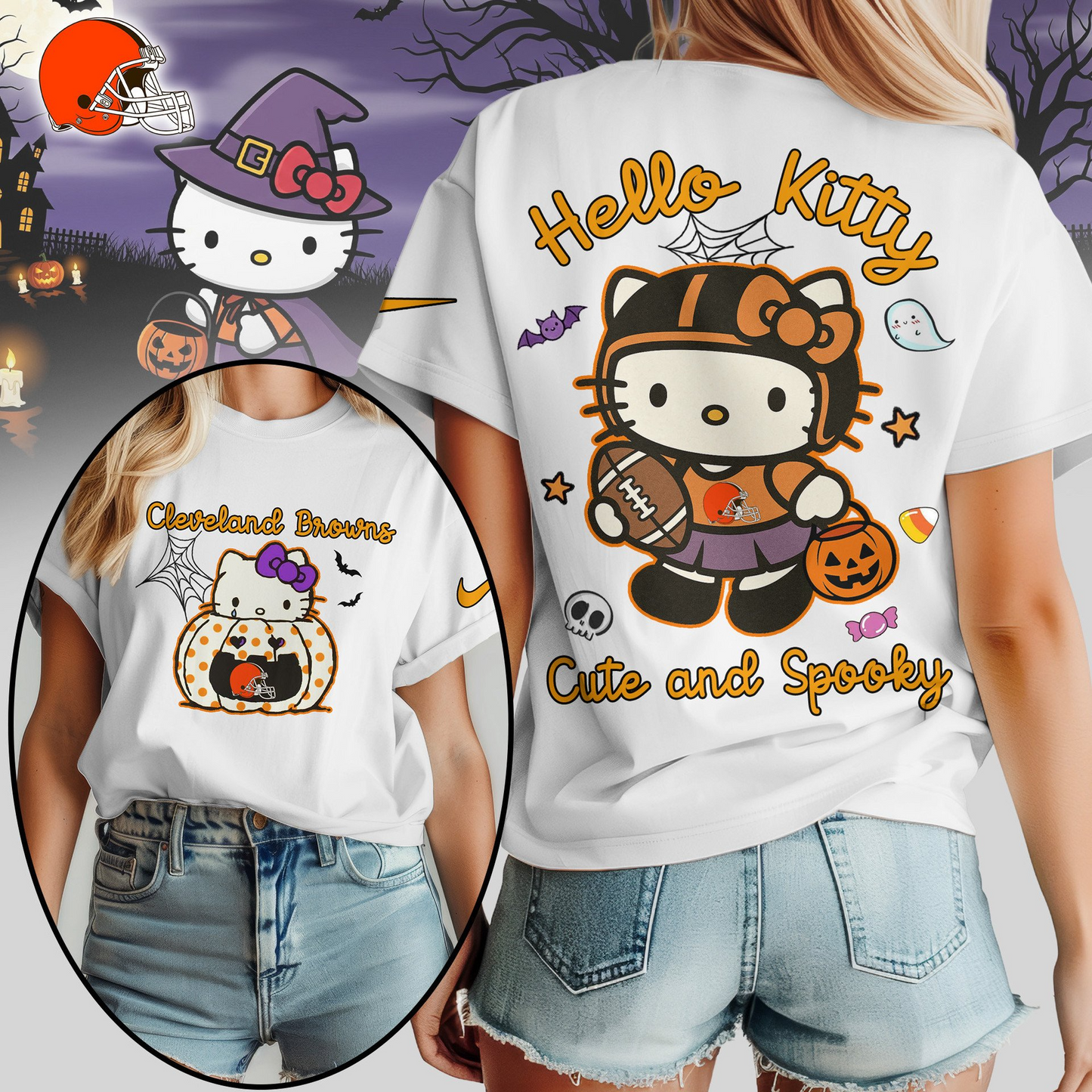 CLE Premium NFL Hello Kitty Cute & Spooky Halloween Women Shirt DDT CTND