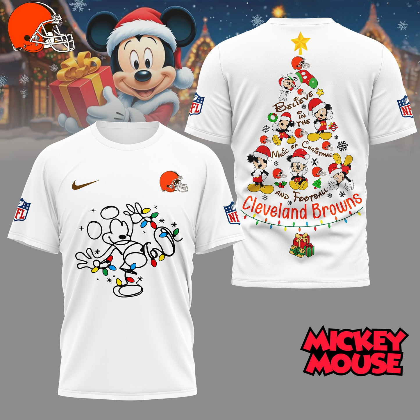 CLE Premium NFL Mickey Mouse Christmas 3D Shirt DDT CTND