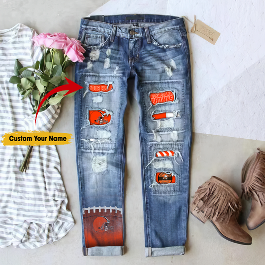 Cleveland Browns STRETCH RIPPED FRAYED RAW HEM DISTRESSED DENIM JEANS WITH HOLE