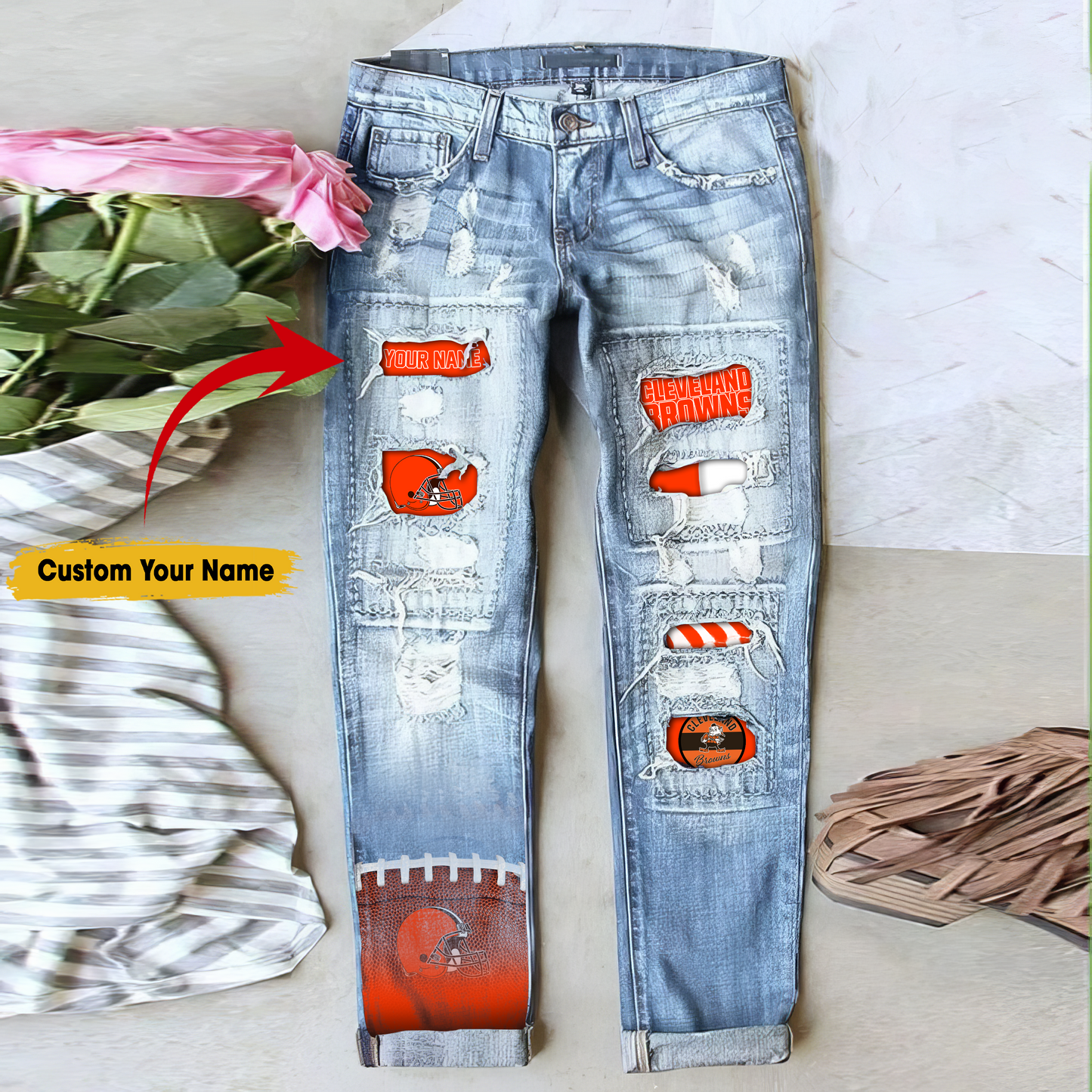 Cleveland Browns STRETCH RIPPED FRAYED RAW HEM DISTRESSED DENIM JEANS WITH HOLE