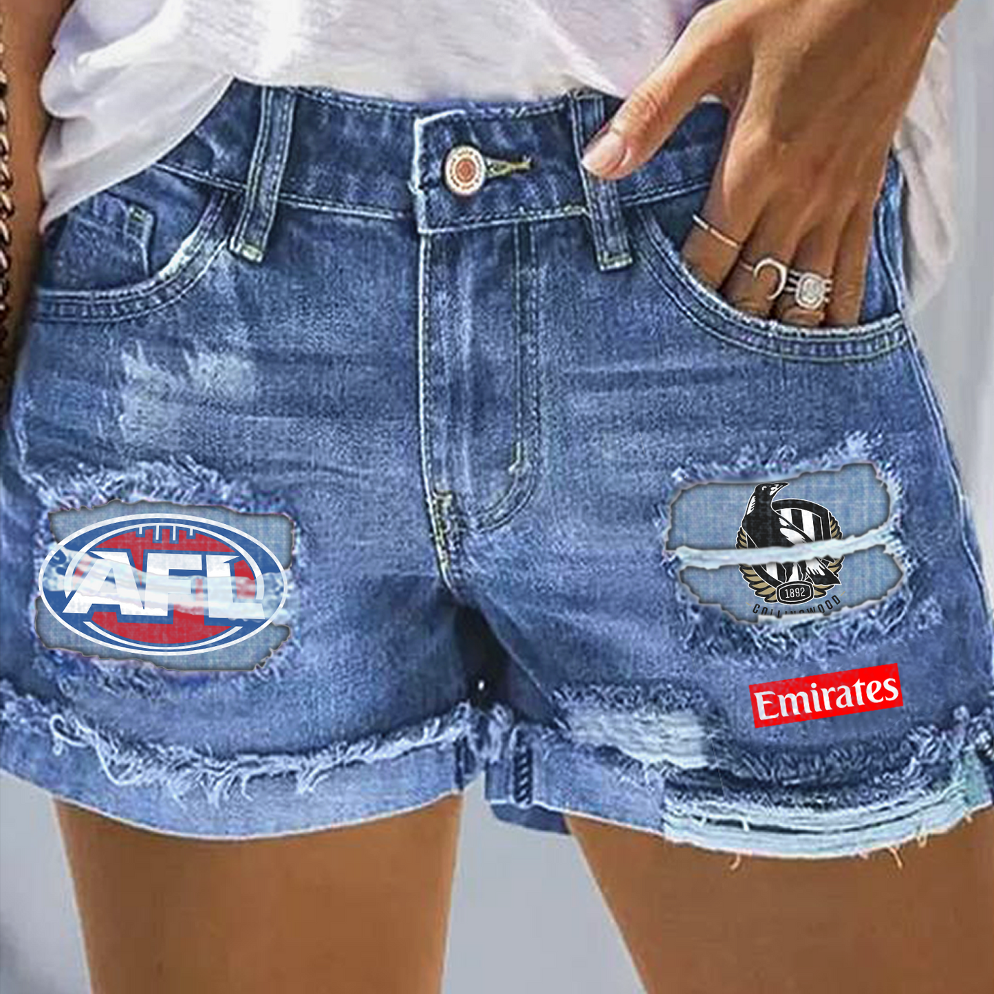 Collingwood Magpies AFL 2025 Print Fashion Denim Shorts TM V1