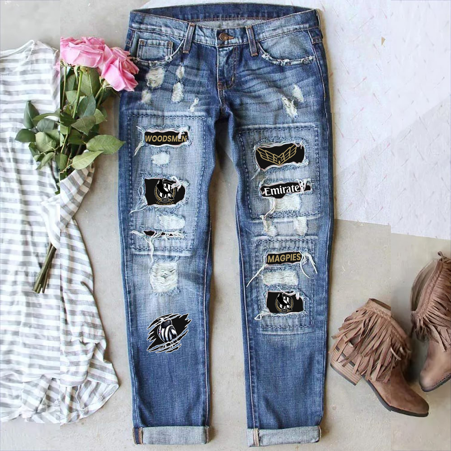 Collingwood Magpies AFL 2025 Stretch Ripped Frayed Raw Hem Distressed Denim Jeans With Hole TM NTA V1