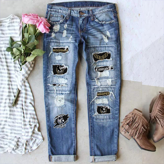 Collingwood Magpies AFL 2025 Stretch Ripped Frayed Raw Hem Distressed Denim Jeans With Hole TM NTA V1