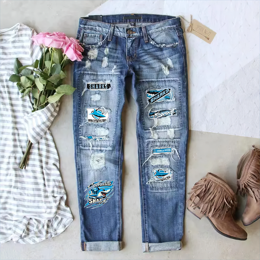 Cronulla Sharks NRL 2025 Stretch Ripped Frayed Raw Hem Distressed Denim Jeans With Hole TM NTA V1