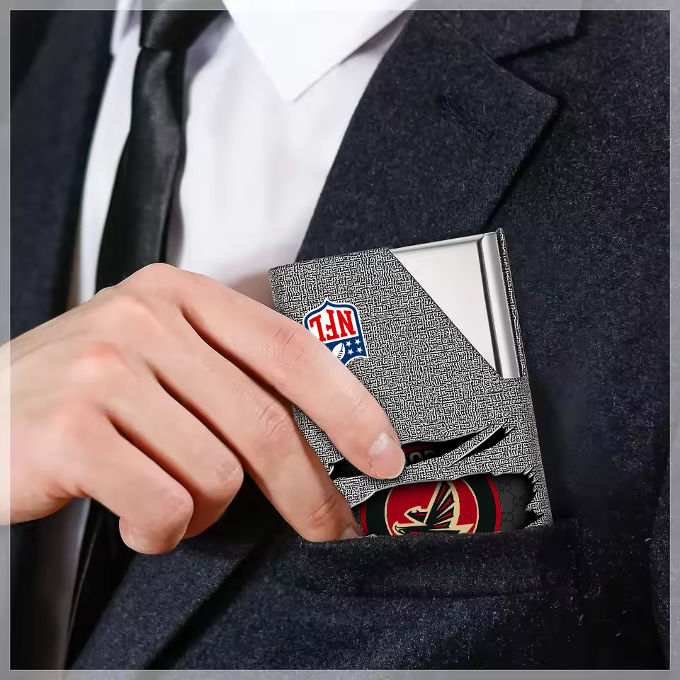 Custom Name Atlanta Falcons Card Holder PU Leather Name Card Holder Card Case Stainless Steel Credit Cards Pocket V1