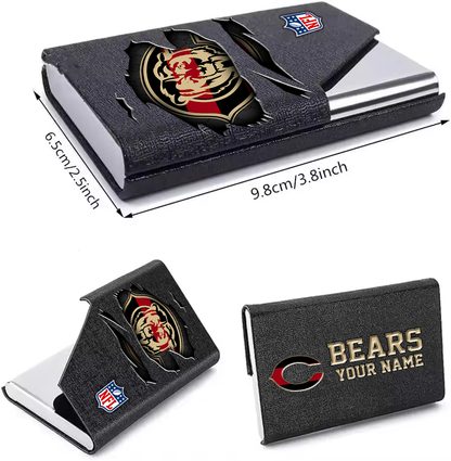 Custom Name Chicago Bears Card Holder PU Leather Name Card Holder Card Case Stainless Steel Credit Cards Pocket V1