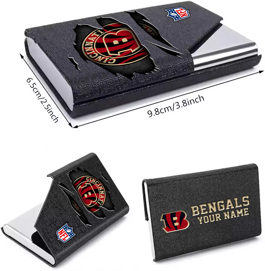 Custom Name Cincinnati Bengals Card Holder PU Leather Name Card Holder Card Case Stainless Steel Credit Cards Pocket V1
